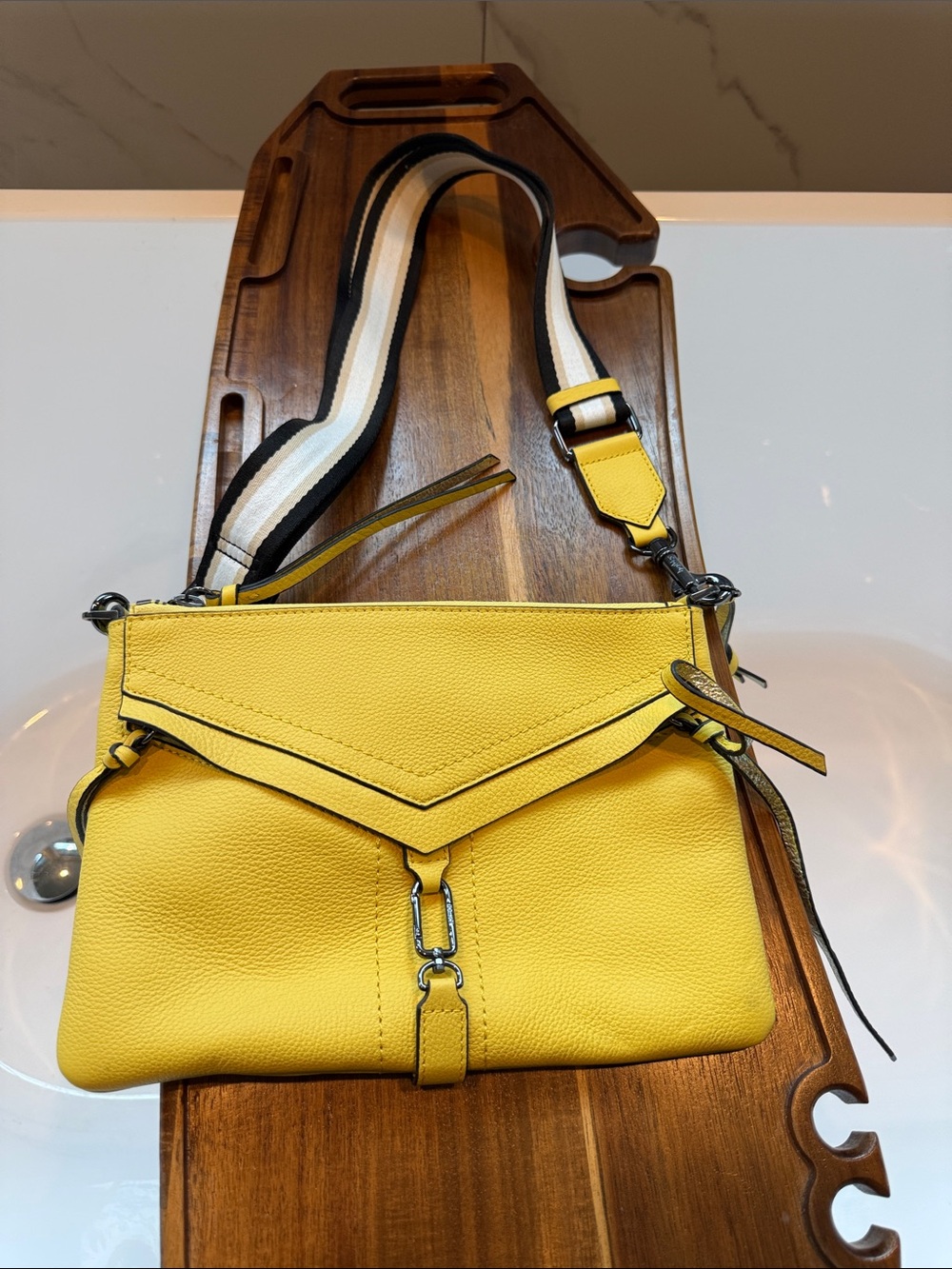 Yellow Leather Crossbody Bag with Striped Strap